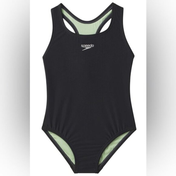 Speedo Girl Solid Racerback Recycled UPF50 Athletic Black One Piece Swimsuit 10 - Picture 1 of 3